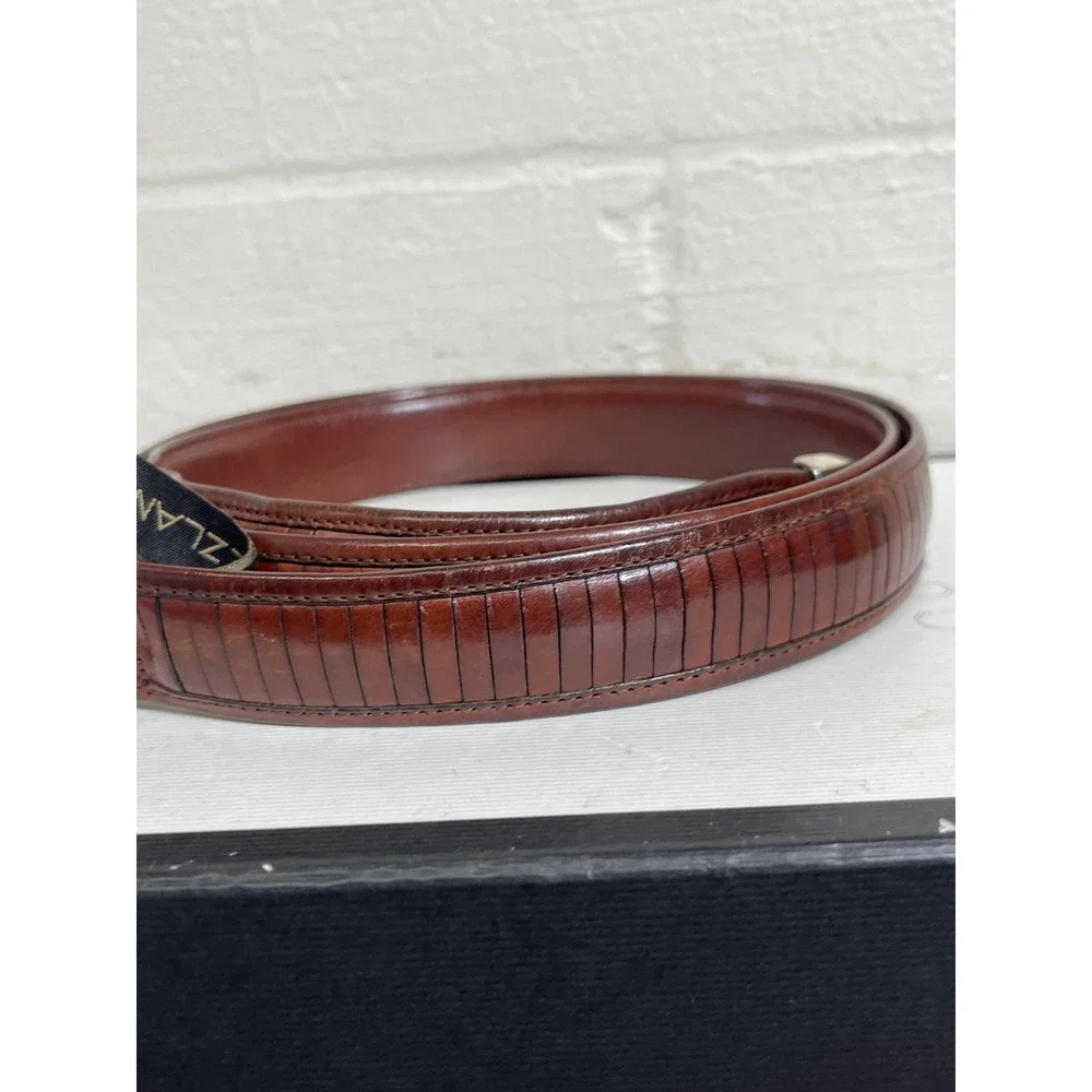 Mezlan Brown Ribbed Leather‎ Dress Belt Silver Buckle Men's 42 Made In Spain